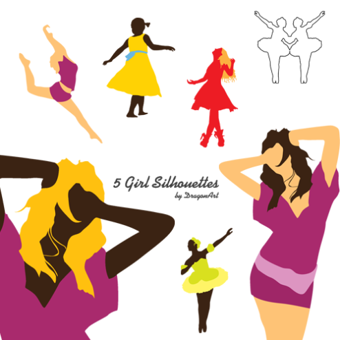 people dancing silhouette. 5 girls silhouette vectors.